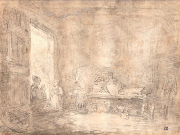 Jean-Honoré Fragonard - Mujer sentada y niña en la puerta. Dibujo de la Escuela Francesa del Siglo XVIII.