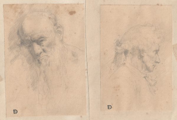 Pintor desconocido - Pareja de estudios de cabezas. Dibujo de la Escuela Francesa del Siglo XIX.