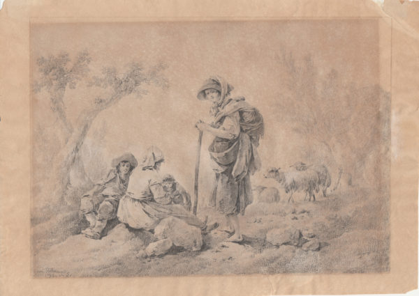 Jean Pillement - Escena rural con personajes. Dibujo de la Escuela Francesa del Siglo XVIII.