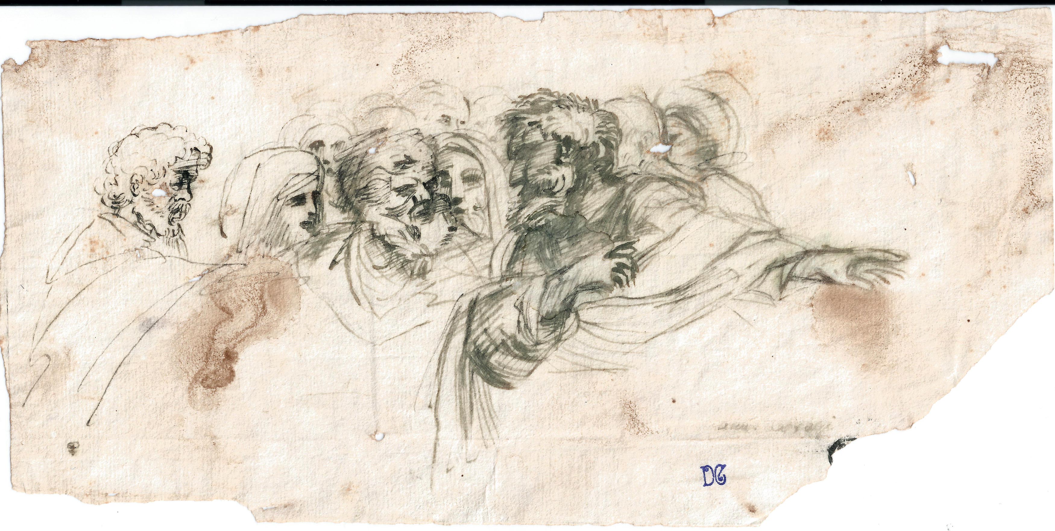 Agostino Caracci - Reunión de personajes. Dibujo de la Escuela Italiana del Siglo XVII.