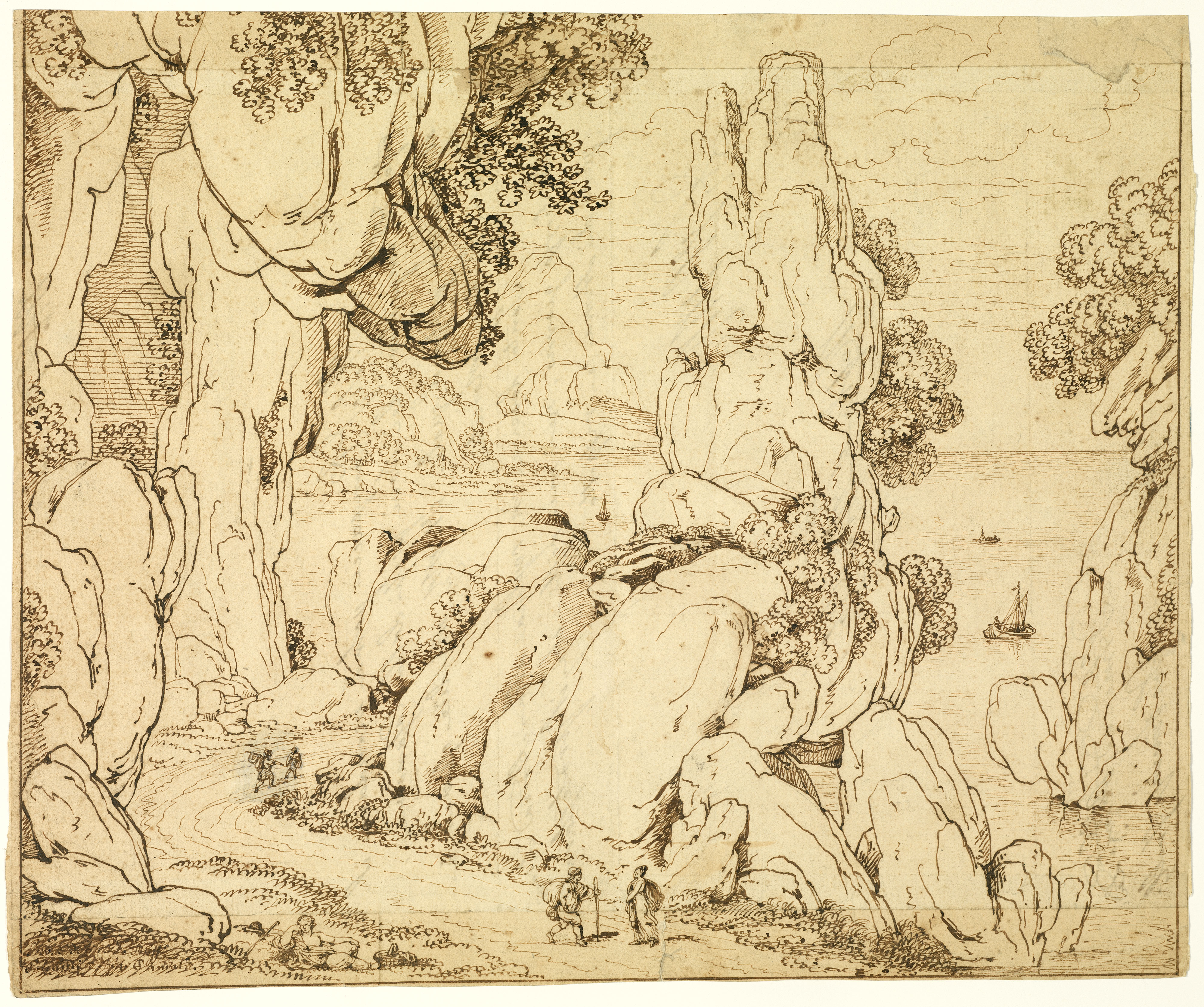 Antonio Canal (Canaletto) Atribuido - Paisaje imaginario. Dibujo de la Escuela Italiana del Siglo XVII.