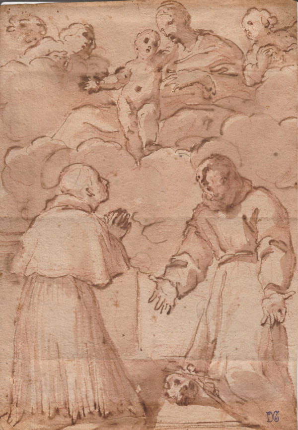 Sebastien Bourdon - Virgen con niño en gloria con S. Fco y Sto Domingo. Dibujo de la Escuela Francesa del Siglo XVII.