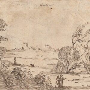 Giovanni Francesco Barbieri (Guercino) - Paisaje rural con personajes. Pluma sobre papel