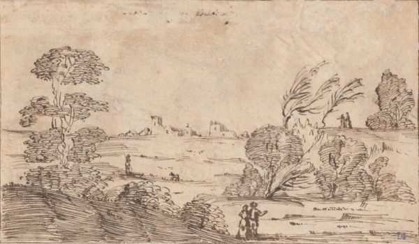 Giovanni Francesco Barbieri (Guercino) - Paisaje rural con personajes. Pluma sobre papel